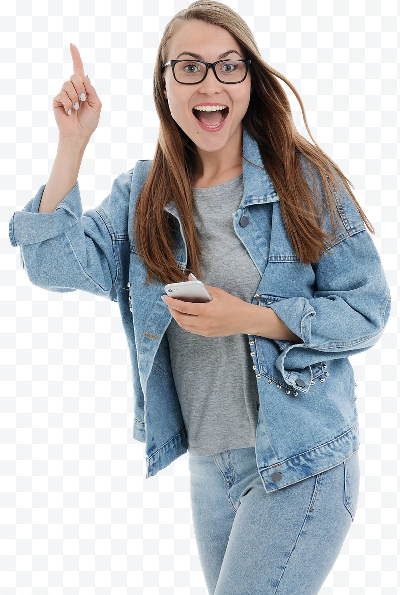 Young woman with black glasses and blue denim jacket pointing upwards