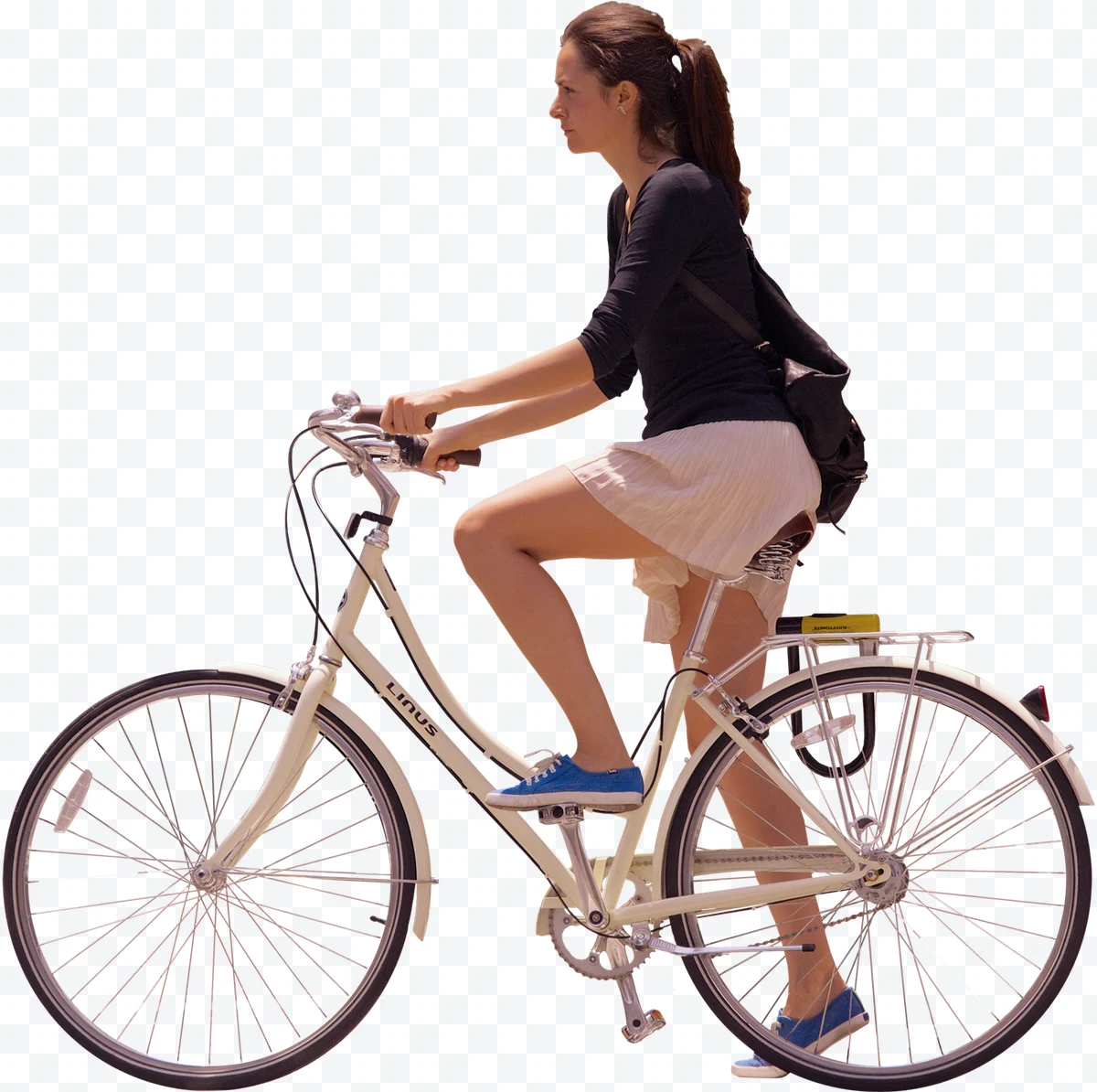 Woman with ponytail riding white bicycle wearing white skirt and black t-shirt