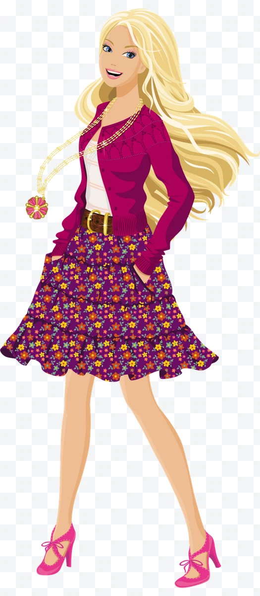 Illustration of a blonde woman with purple floral skirt and fuchsia jacket