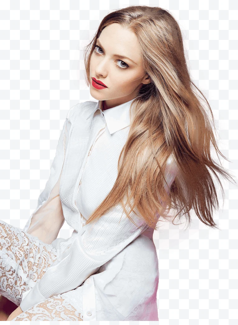 Blonde woman with red lips and white lace blouse looking forward