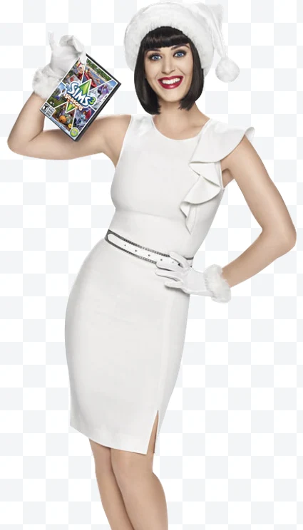 Woman in white dress and Santa hat holding The Sims 3 game box