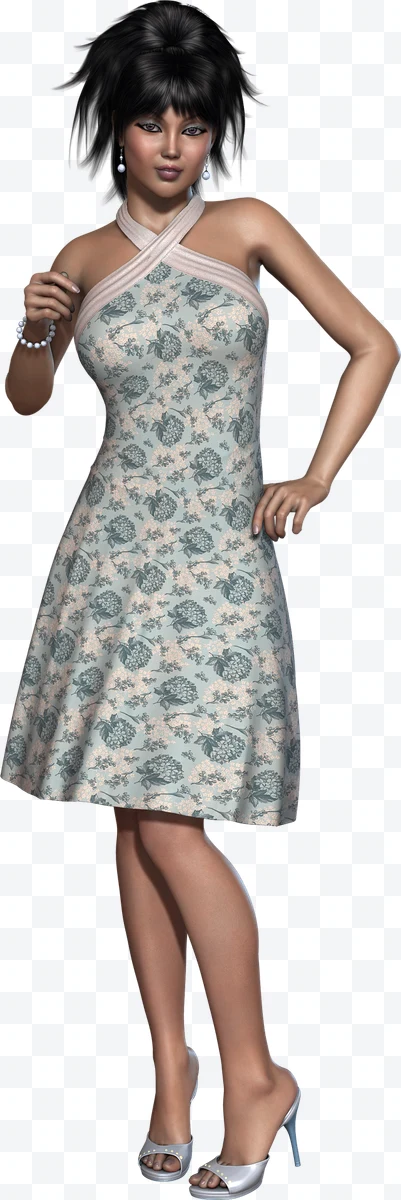 Woman in light blue floral dress, pearl earrings and bracelet,