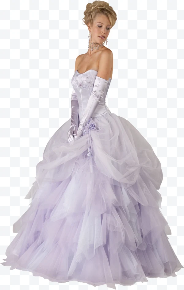 Woman in lilac evening gown, long gloves, and sparkling necklace.