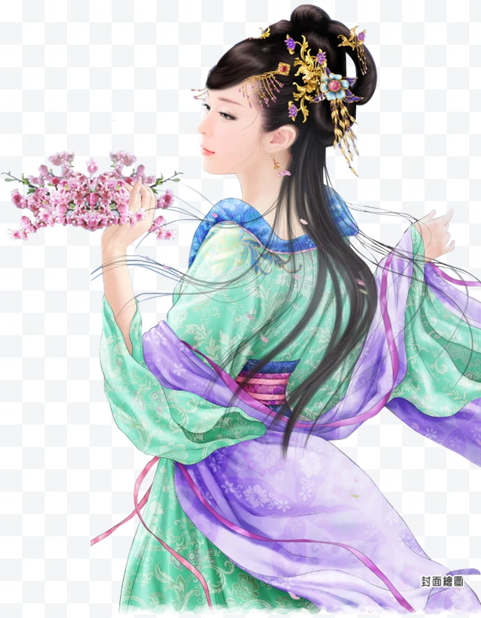 Illustration of a woman in a traditional green and purple dress with pink flower