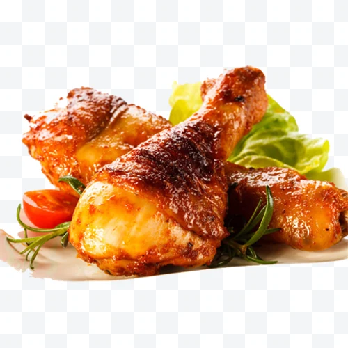 Roasted chicken thighs with golden skin, served with lettuce and cherry tomatoes