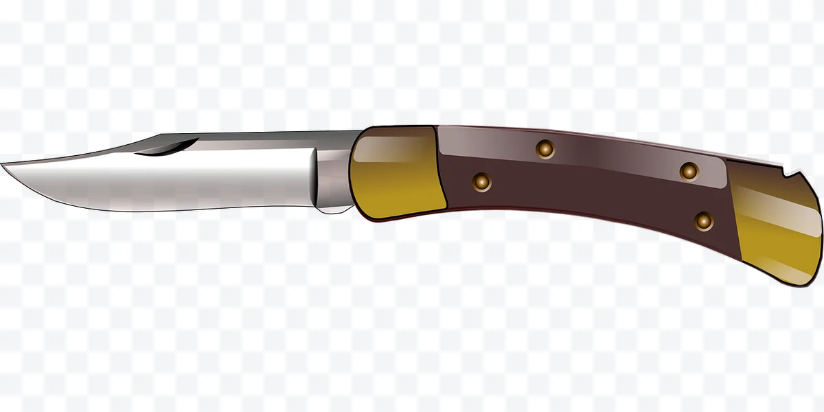 Open pocket knife with metal blade and brown handle with golden rivets