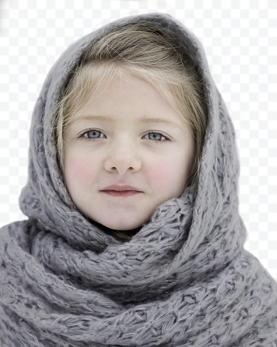 Girl with gray scarf looking forward