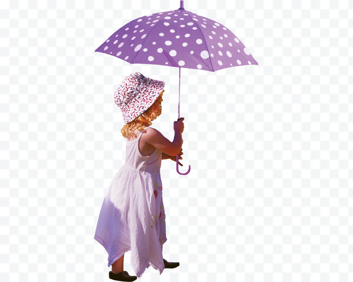 Girl in white dress and floral hat holding a purple umbrella with white polka do