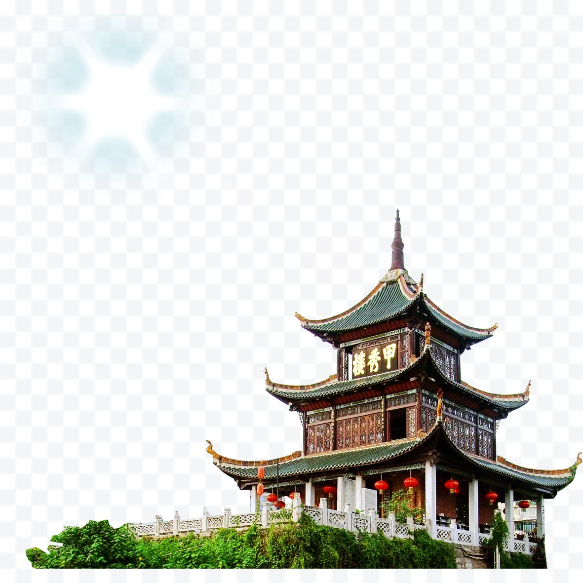 Traditional Chinese pagoda with green roof and hanging red lanterns