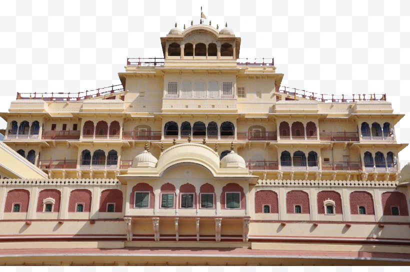 Facade of the City Palace of Jaipur with arched windows and balconies