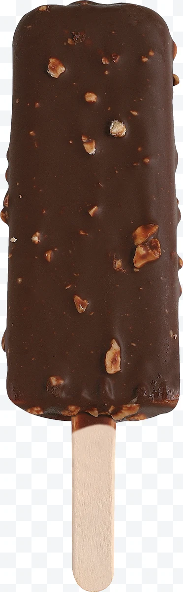 Ice cream bar with chocolate coating and nut pieces on a white background