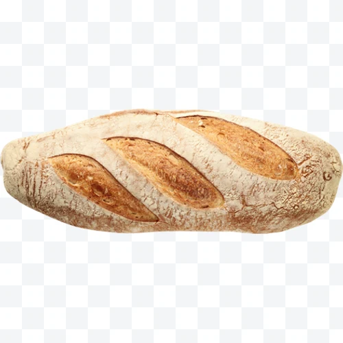 Long artisan bread with three slashes on top.