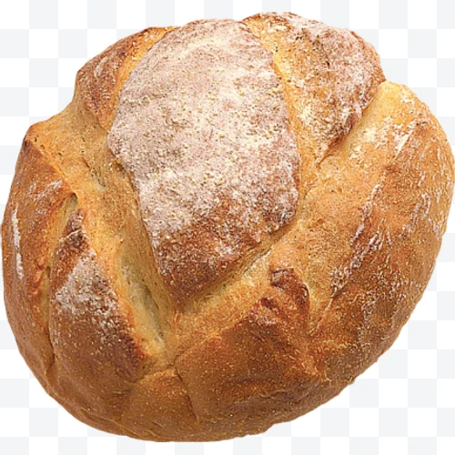 Round artisan bread with golden crust and flour sprinkled on top.
