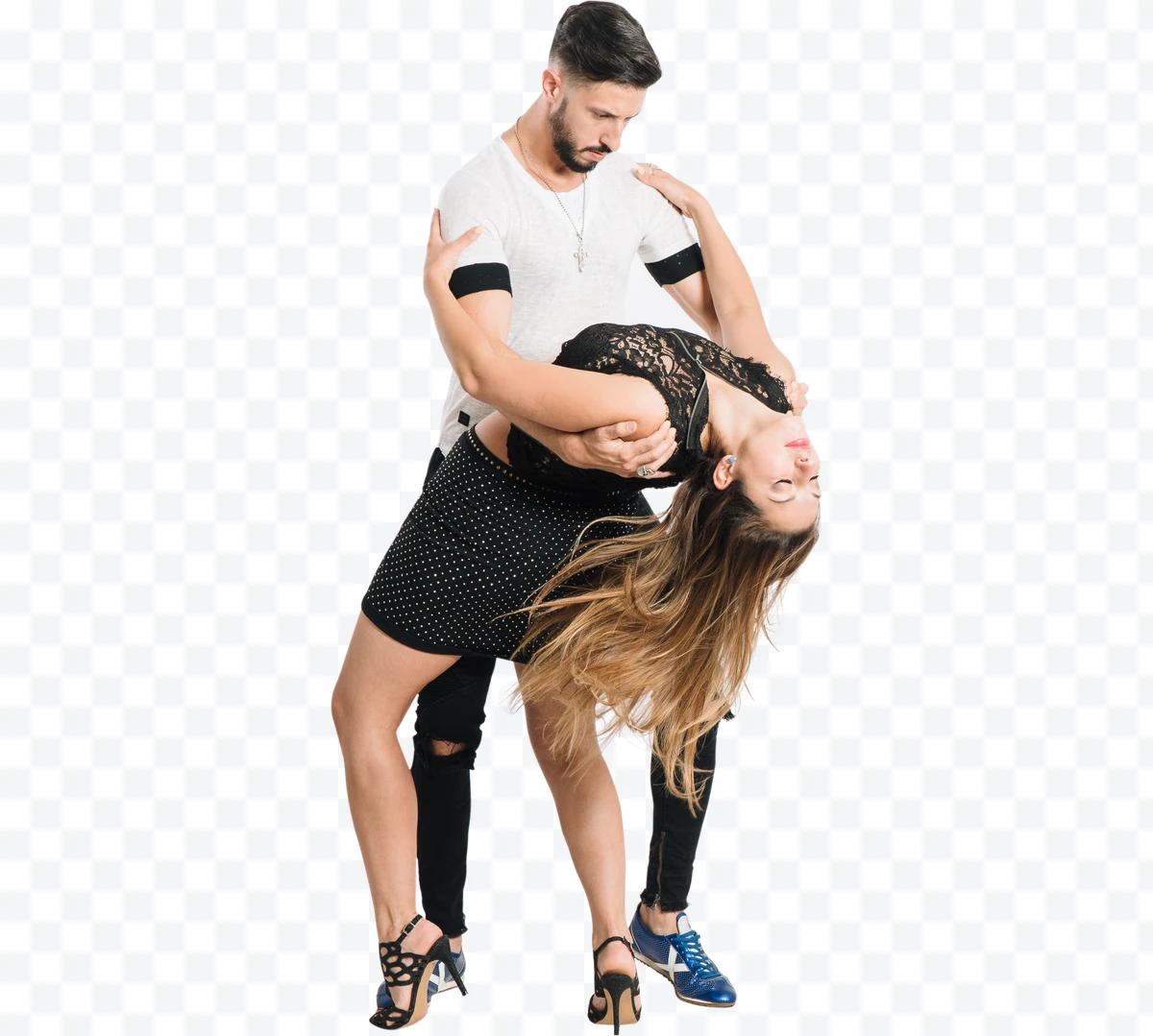 Couple dancing salsa, man in white t-shirt and woman in black dress