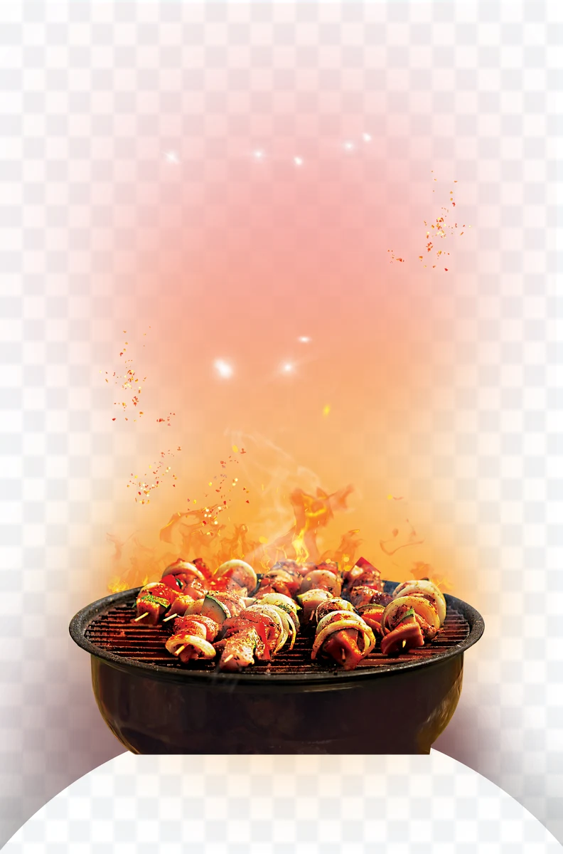 Grill with meat and vegetable skewers