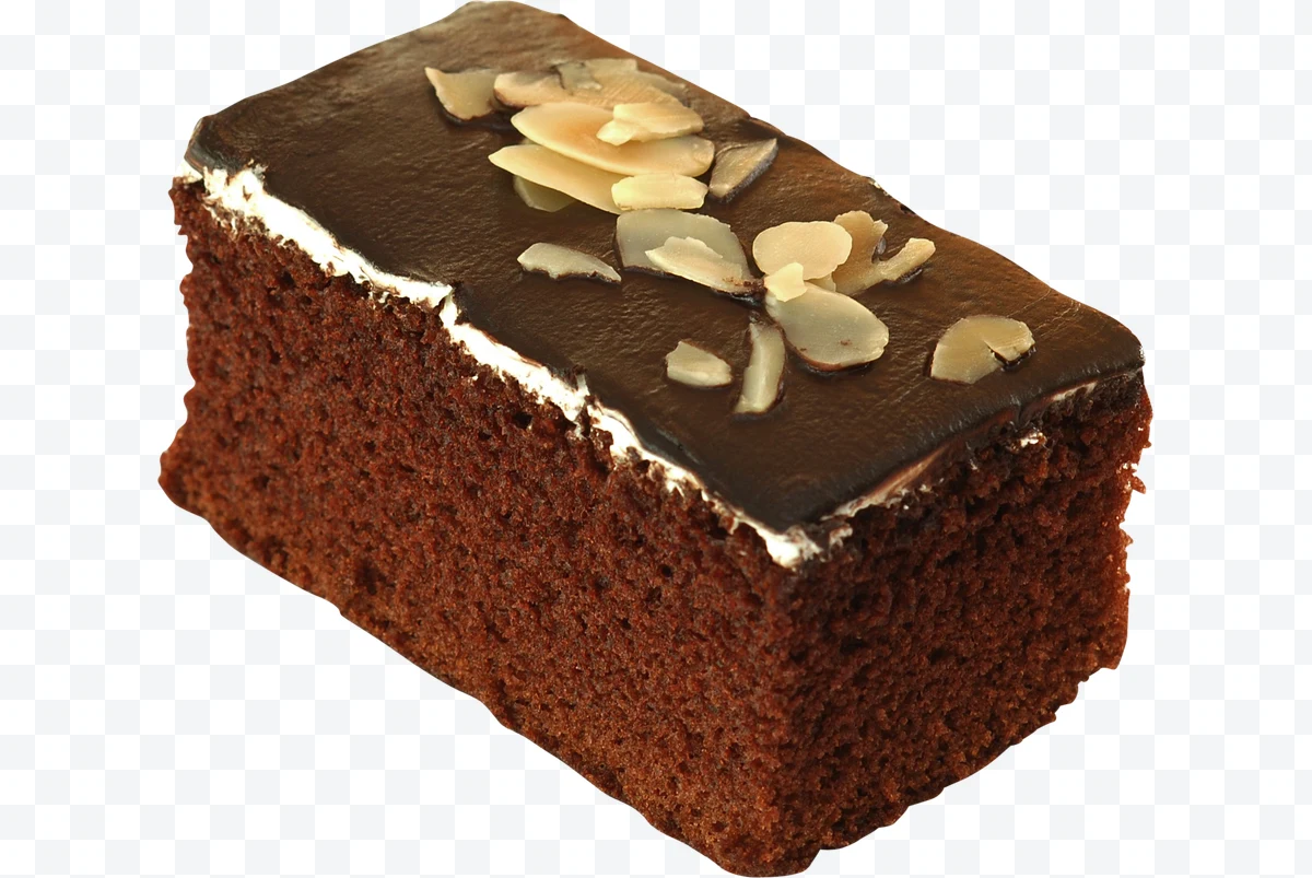 Rectangular slice of chocolate cake with frosting and sliced almonds.