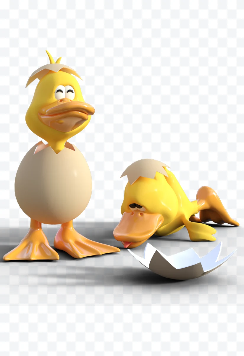 Two yellow ducklings hatching from cracked eggs, one standing and the other lyin