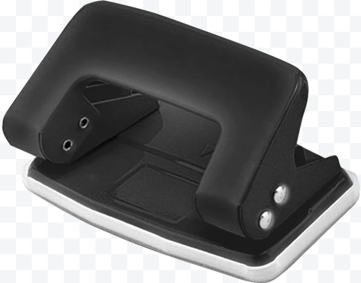 Black paper hole puncher with plastic handle and metal base