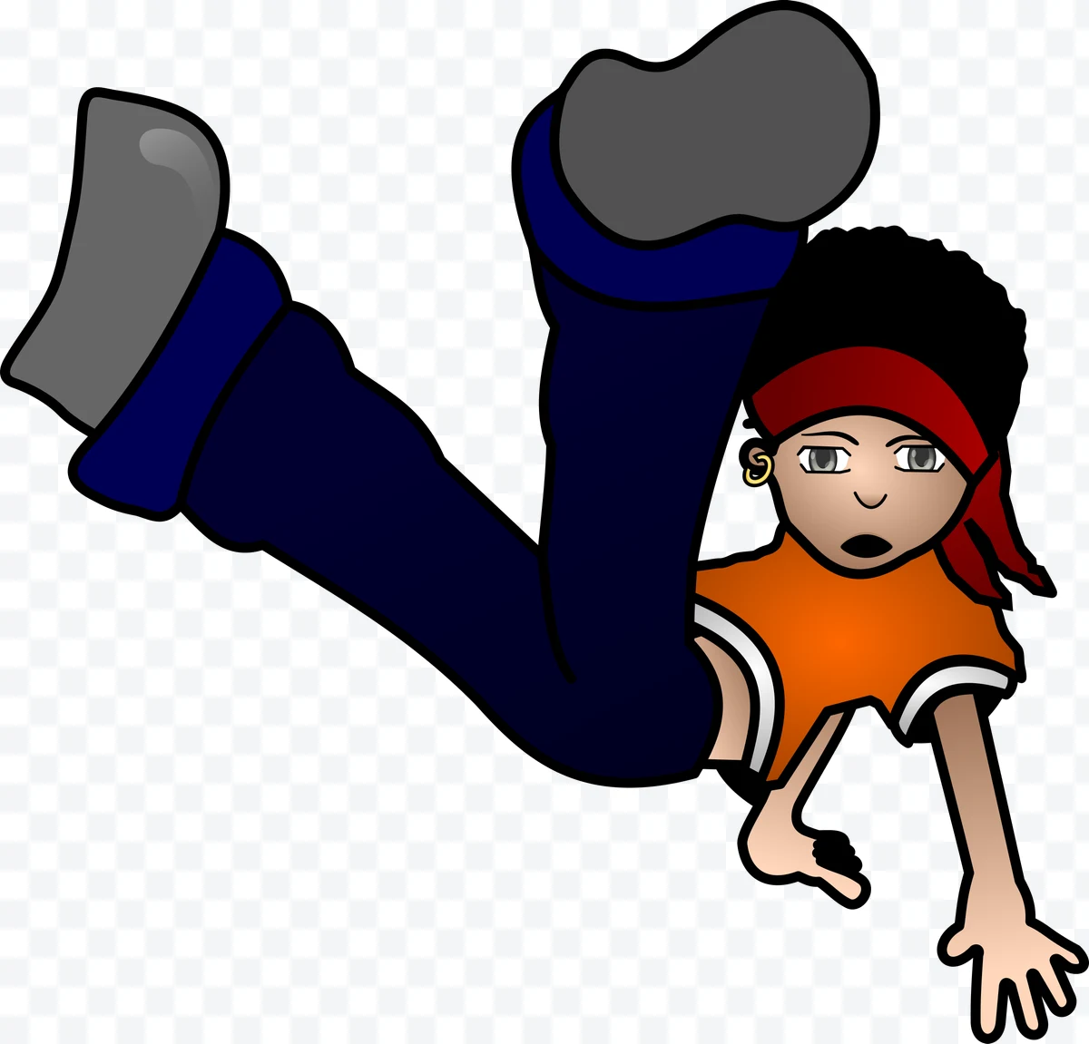 Person doing breakdance with red bandana, orange t-shirt, pants