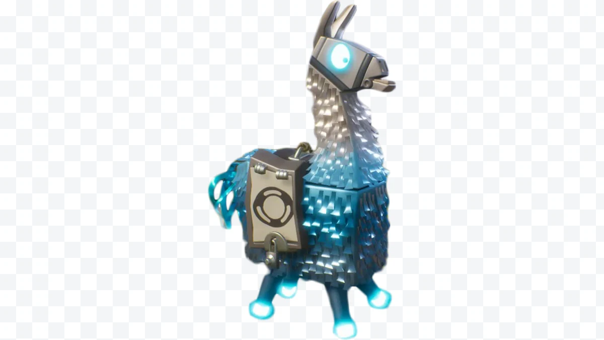 Shiny blue Fortnite llama piñata on white background