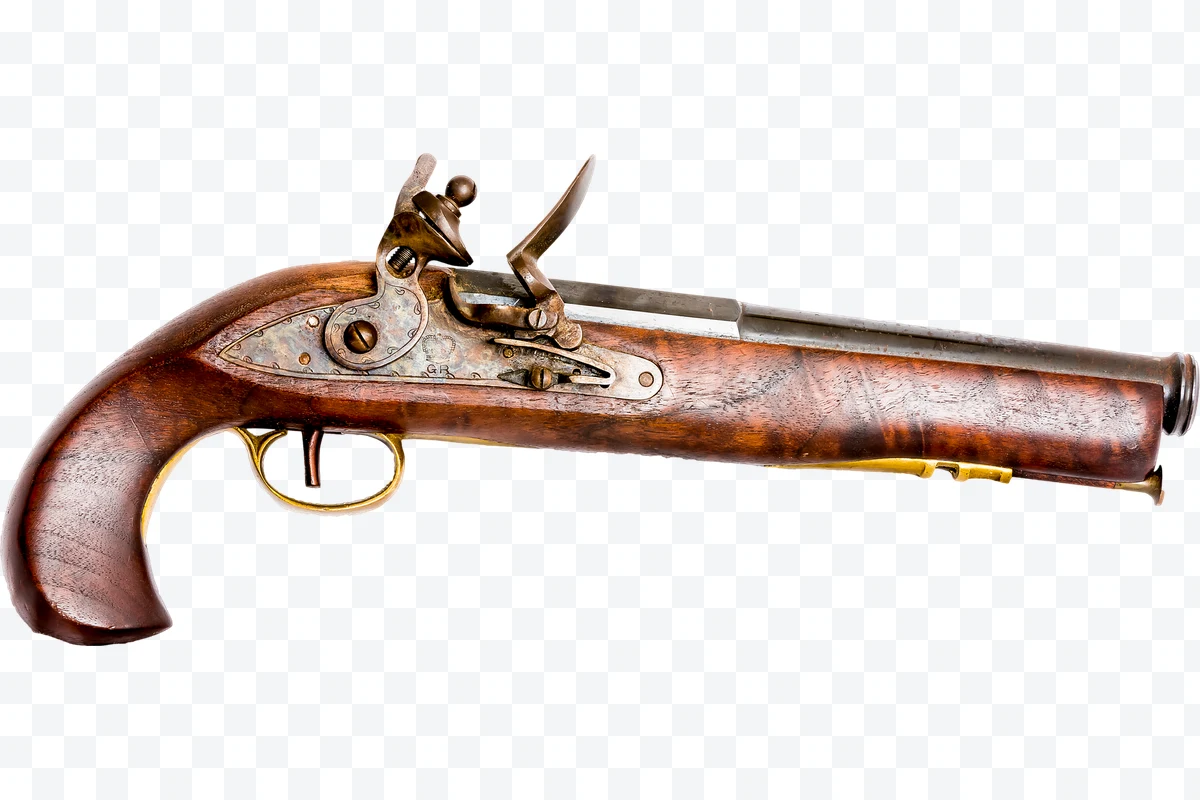 Antique flintlock pistol with wooden grip and metal details.