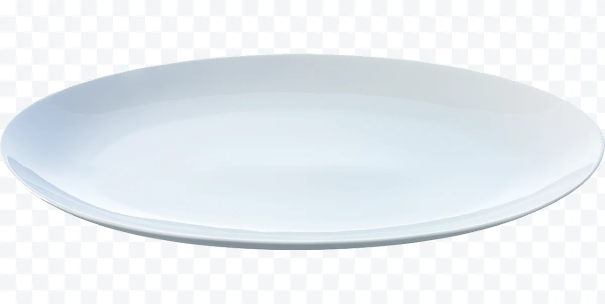 Round white ceramic plate viewed from the side on a white background.