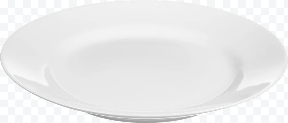 Round white ceramic plate with smooth surface viewed from a low angle