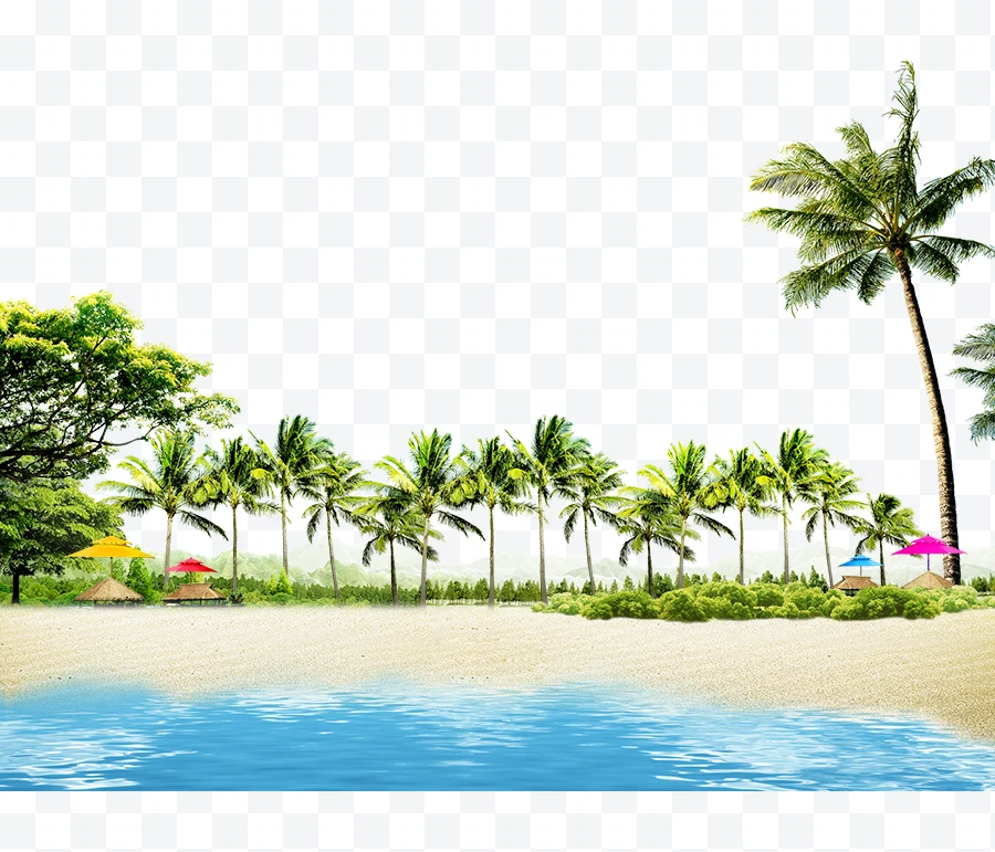 Beach with palm trees and colorful umbrellas