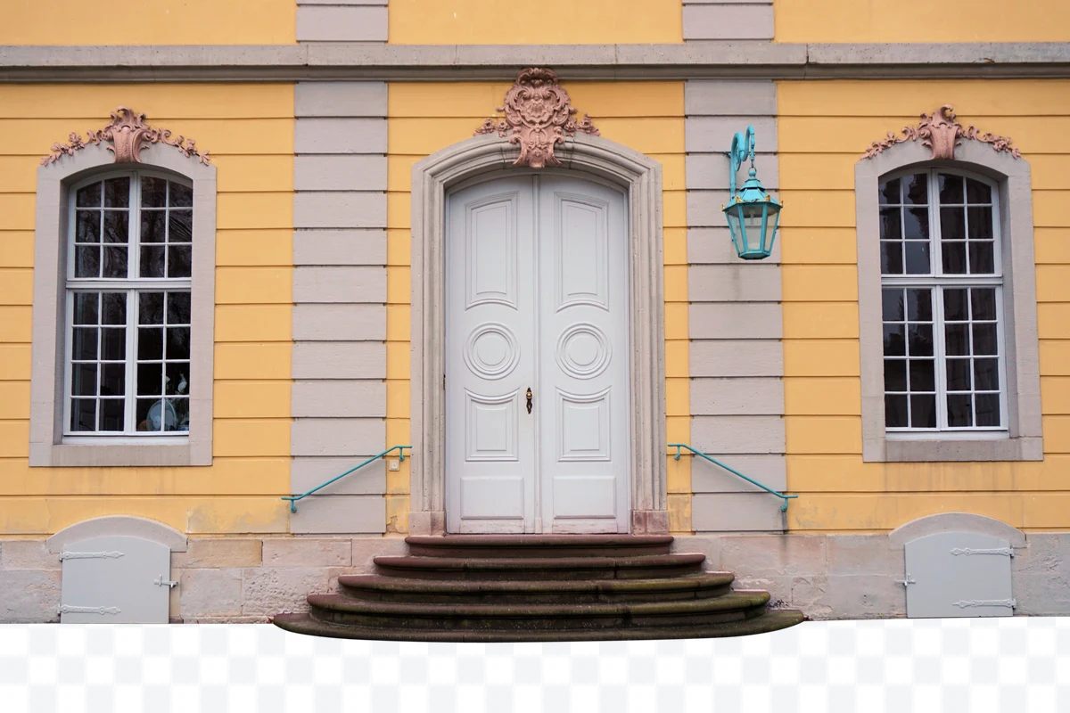 White double door with semicircular steps and yellow walls