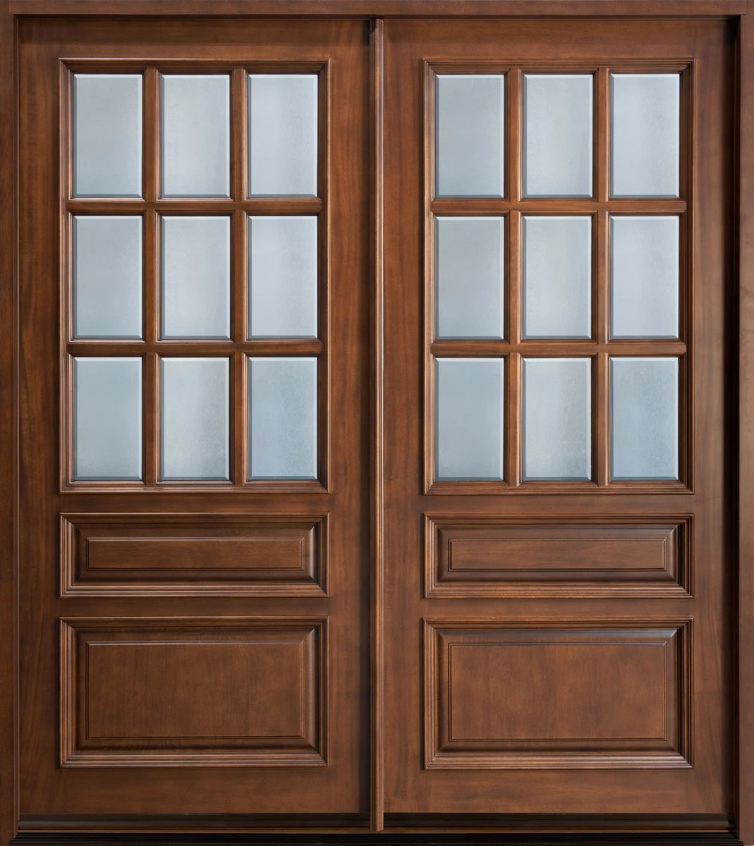 Double wooden door with glass panels
