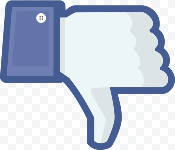 Facebook thumbs down with blue outline and white hand.