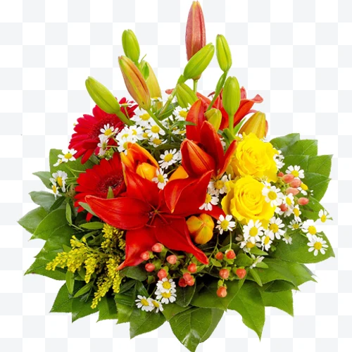 Bouquet with red lilies, yellow roses, white daisies, and leaves
