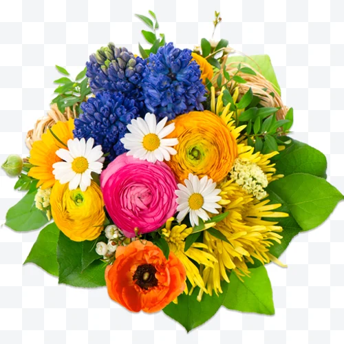 Bouquet of colorful mixed flowers with green leaves on a white background