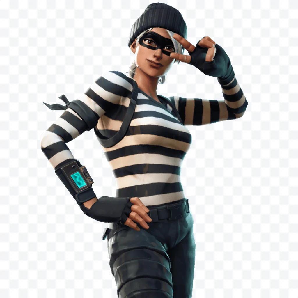 Fortnite Rapscallion with black beanie, mask, and black and white striped shirt