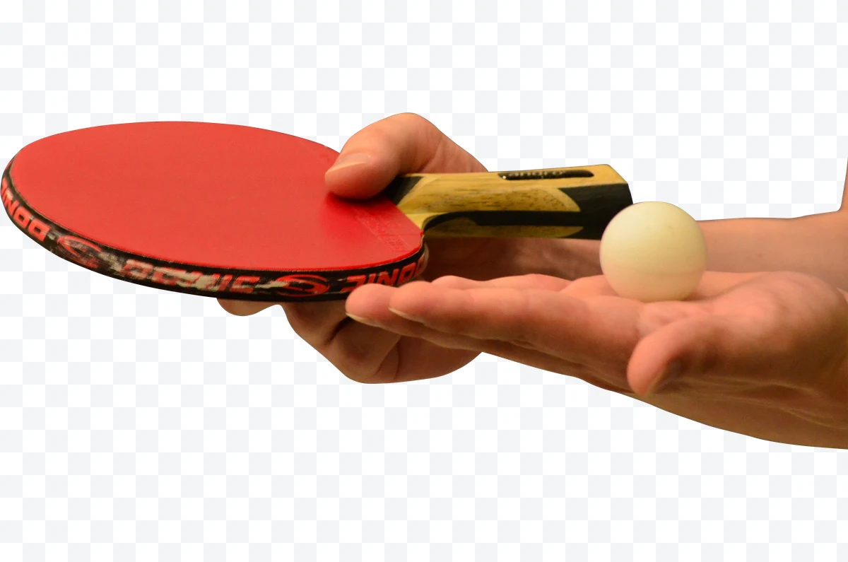 Donic ping pong paddle with red rubber and white ball in hand