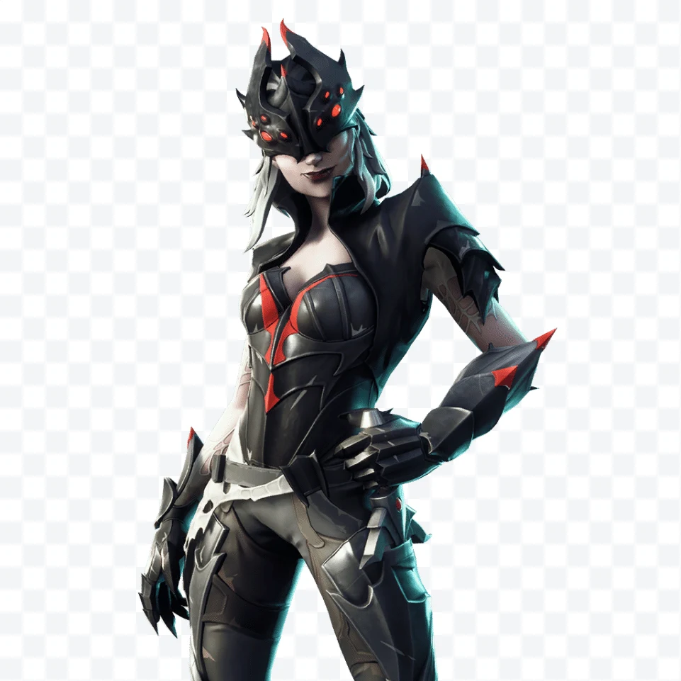 Fortnite Spider Queen with black armor, helmet with red eyes, and clawed gloves