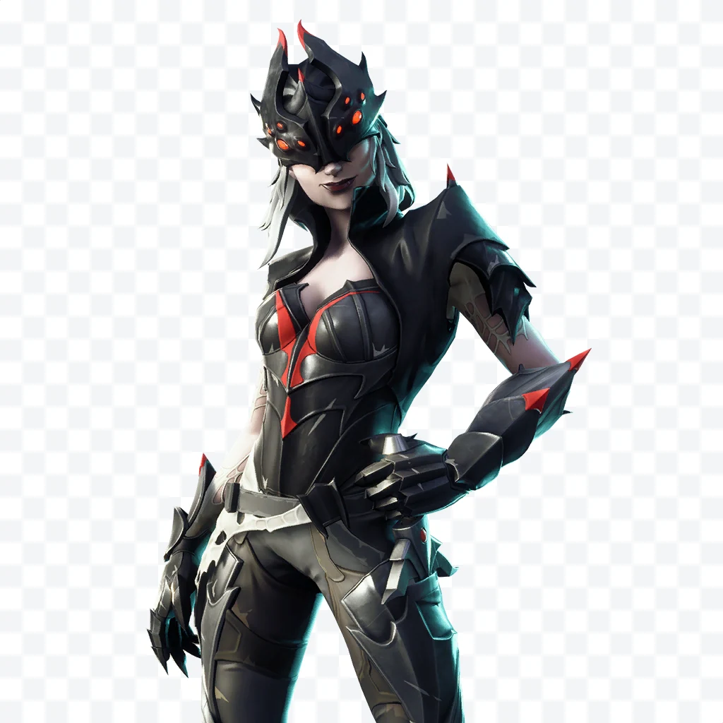 Fortnite Spider Queen with black armor and red details, helmet with