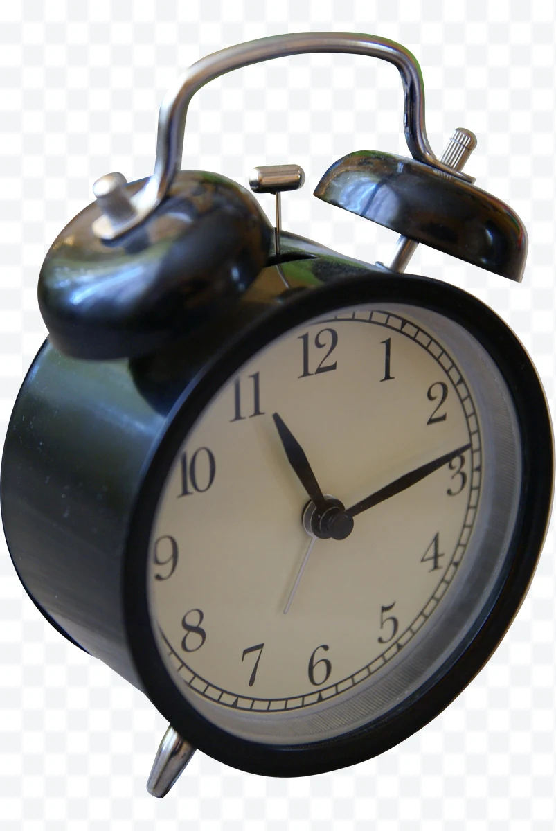 Classic black alarm clock with double bell and black hands.