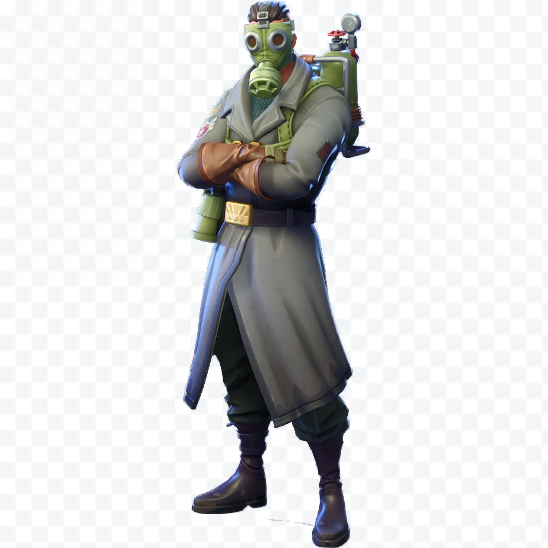Fortnite Rook with gas mask and gray coat standing with arms crossed