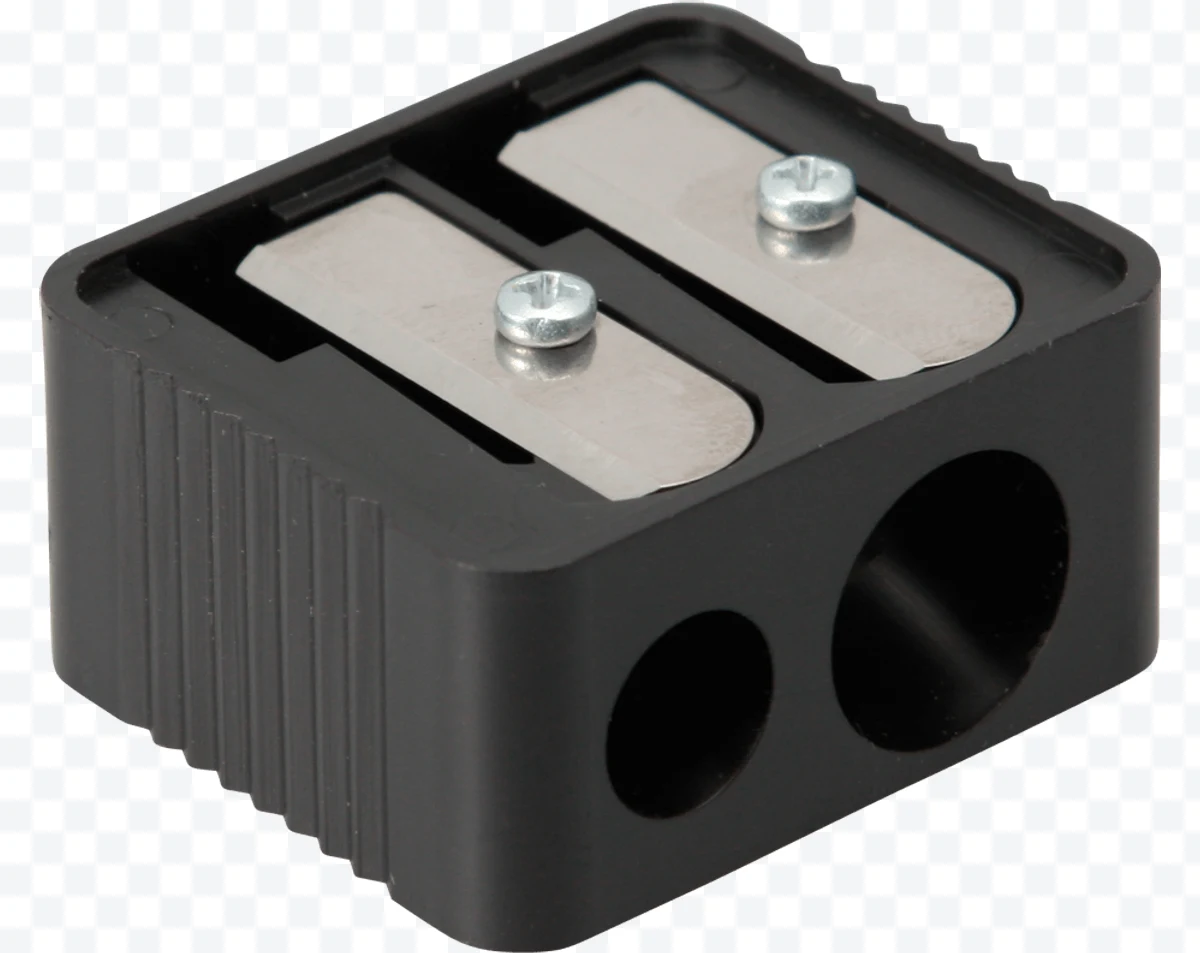 Black double sharpener with two holes and metal blades