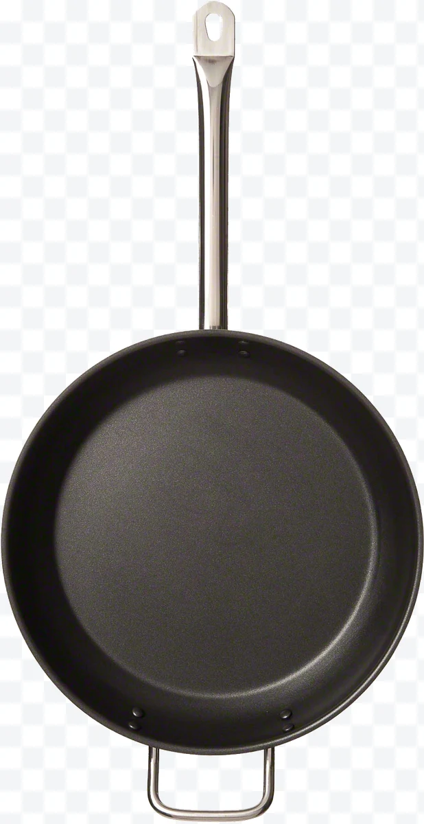 Black non-stick pan with metal handle viewed from above