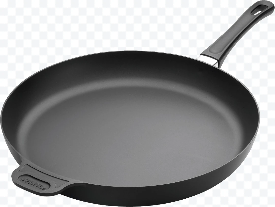 Black non-stick Scanpan frying pan with plastic handle