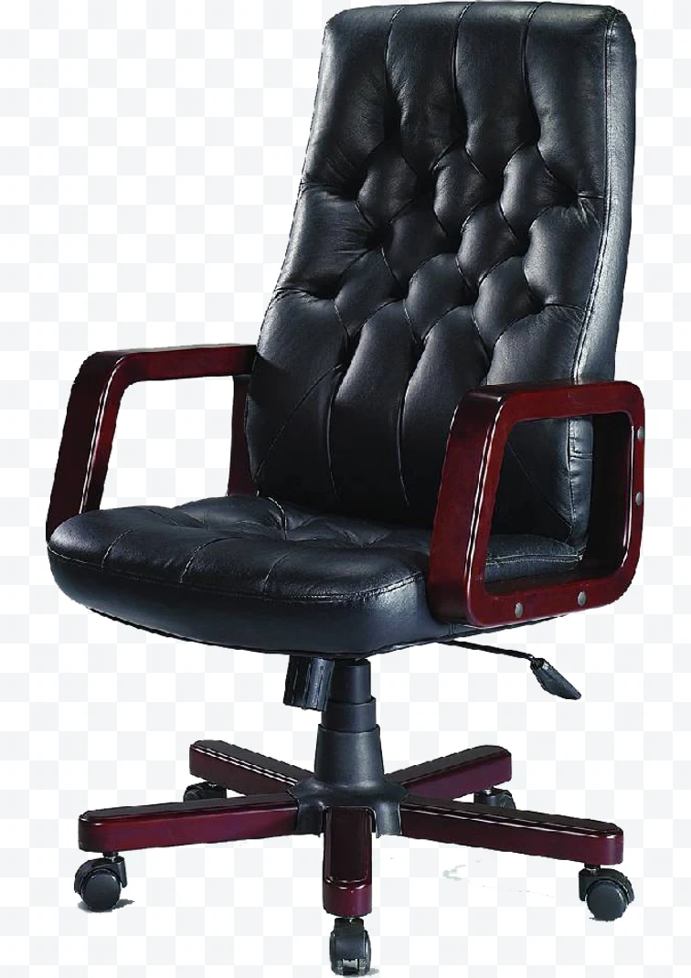 Black leather executive office chair with wooden arms and wheeled base