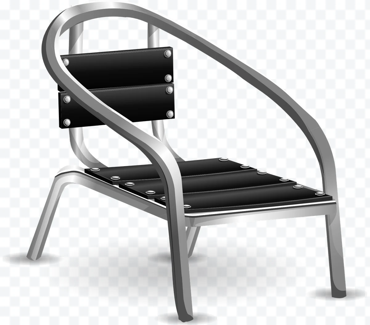 Metal chair with black seat and backrest and visible screws