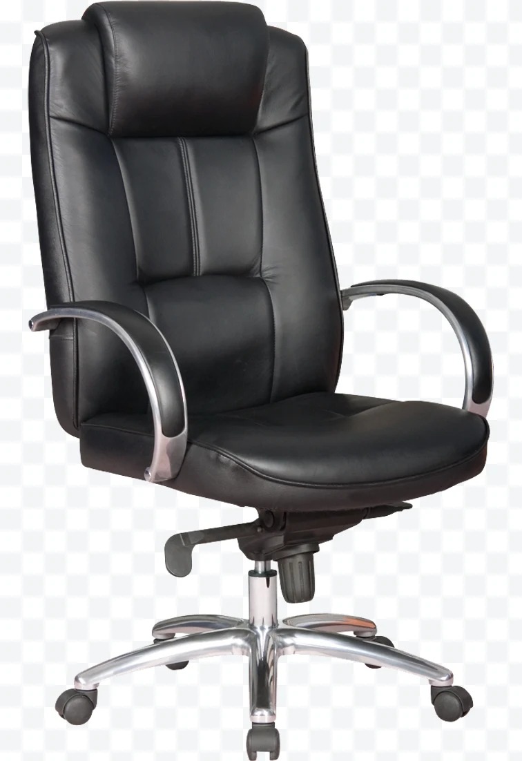 Black executive office chair with leather, metal arms, and wheels
