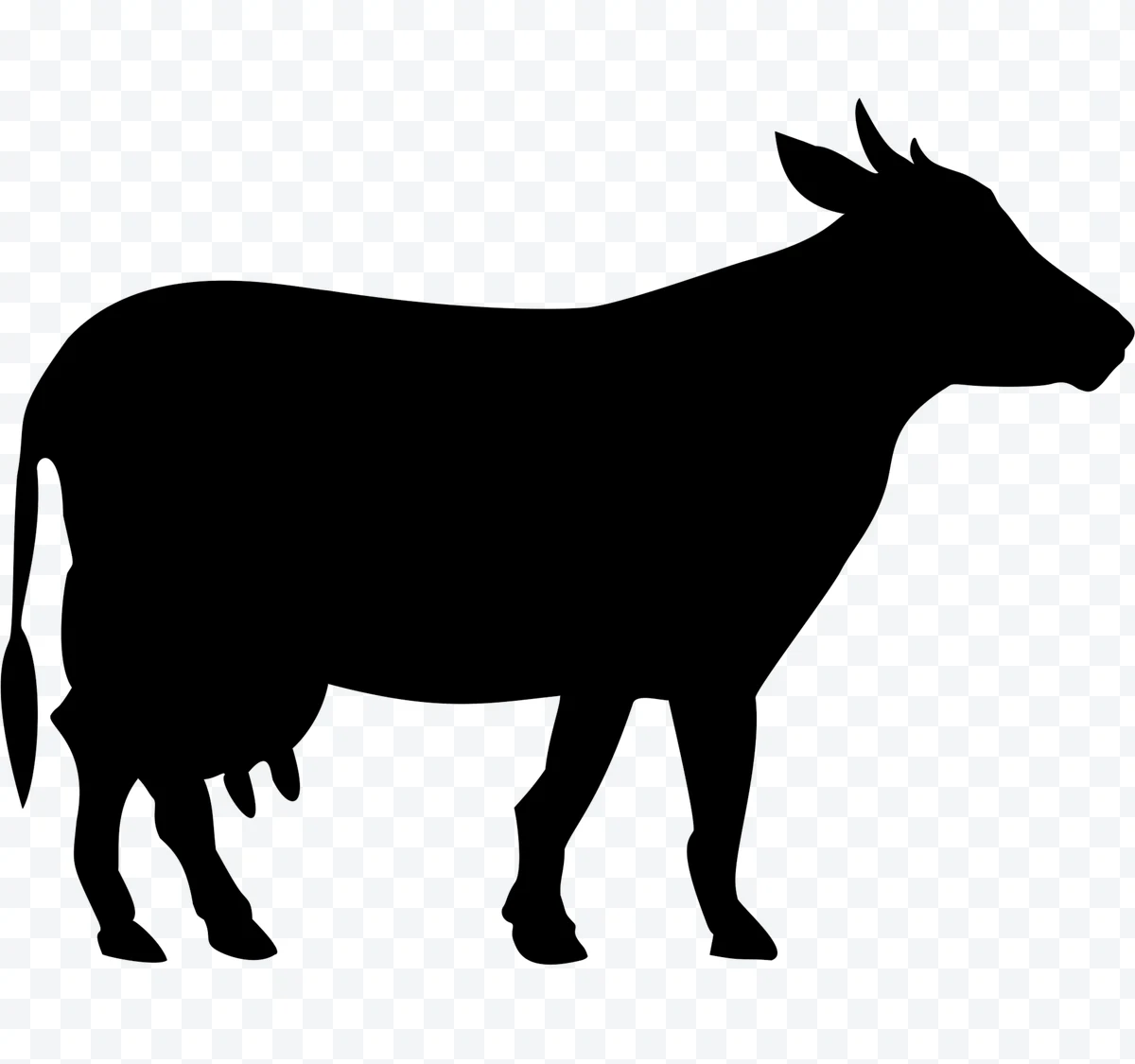 Black silhouette of a cow in profile with horns and udders.