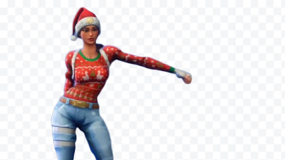 Fortnite skin with red Christmas sweater, Santa hat, and blue pants