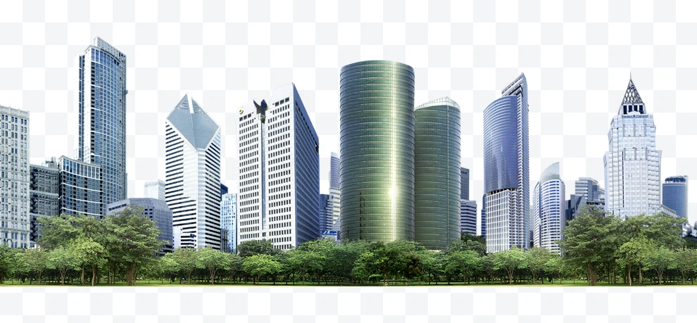 City skyline with modern buildings and trees