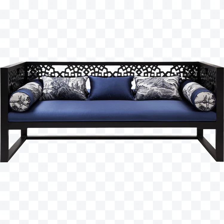 Black sofa with blue cushions and carved design backrest.