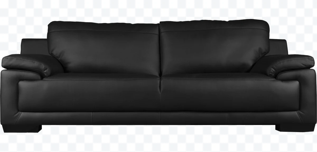 Black two-seater leather sofa with padded cushions and wide armrests